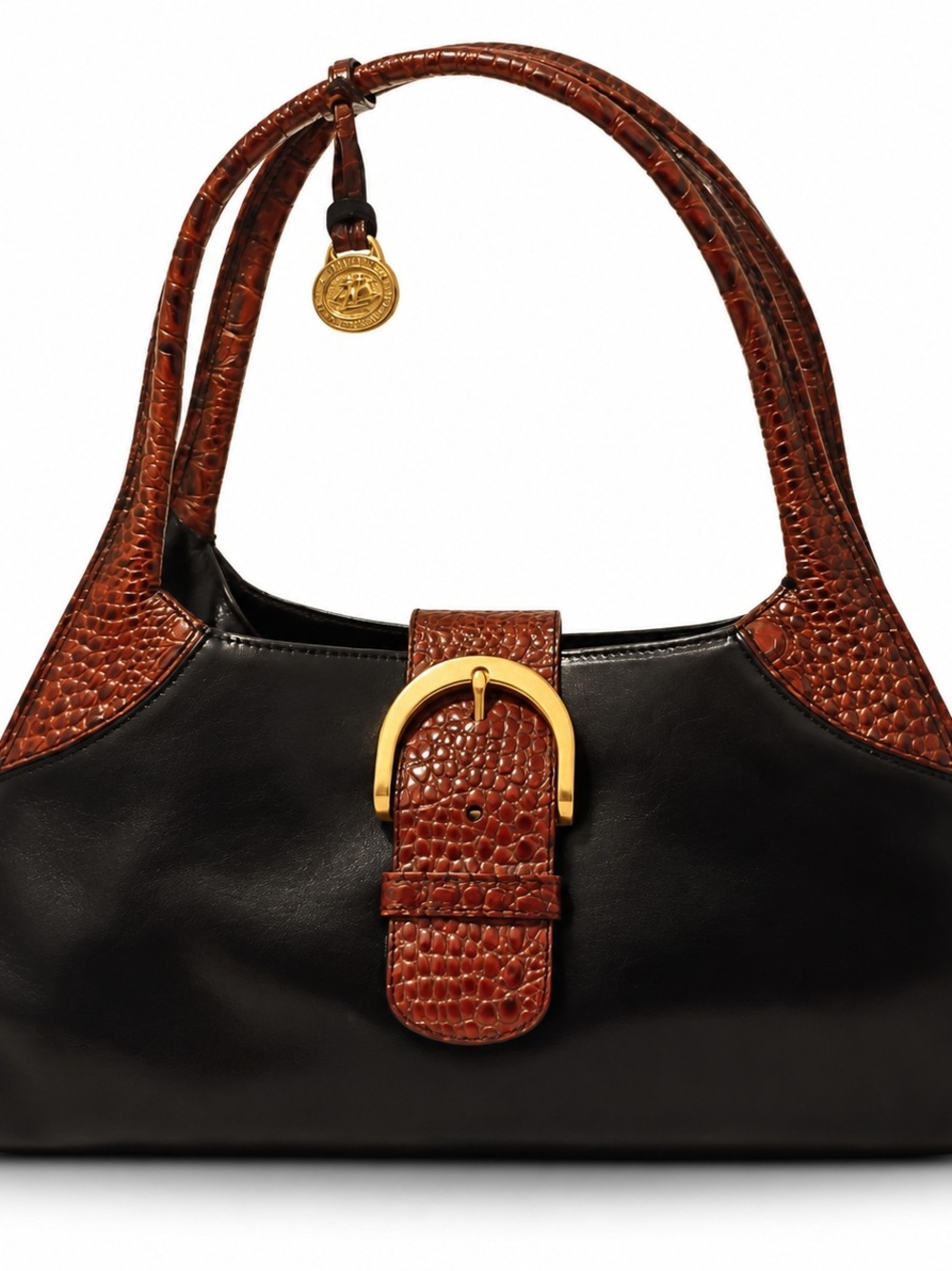 90's Brahmin Leather Shoulder Bag W/ Logo Charm & Gold Buckle.